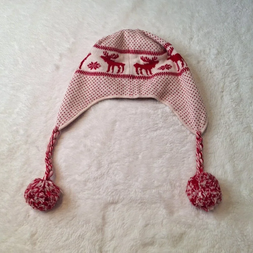 Abercrombie & Fitch Earflap Beanie Sz O/S Moose Wool Blend Pom Pom Fair Isle